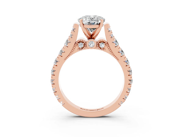 Rose gold Oval Cut Moissanite Classic Solitaire Ring with Pavé Band and Four-Prong Setting