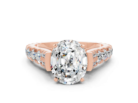 Rose gold Oval Cut Moissanite Classic Solitaire Ring with Pavé Band and Four-Prong Setting
