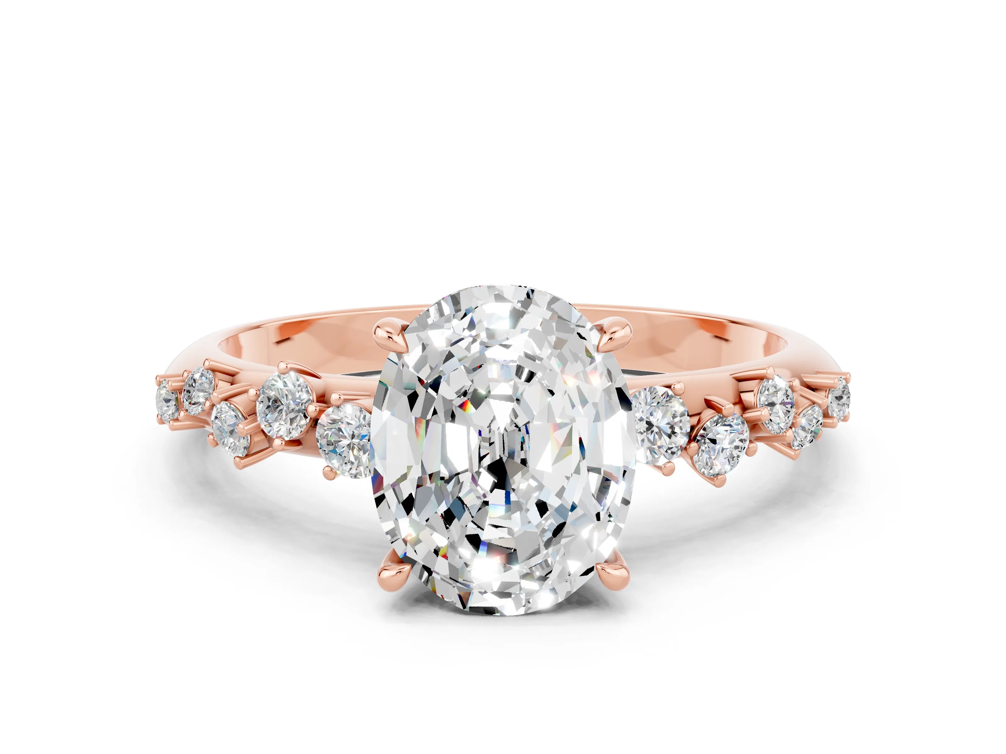Rose gold Oval Cut Moissanite Cluster Side Stone Solitaire Ring with Prong Setting_24