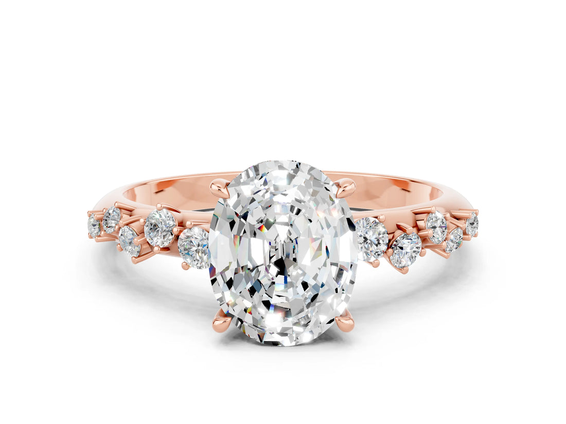 Rose gold Oval Cut Moissanite Cluster Side Stone Solitaire Ring with Prong Setting_24