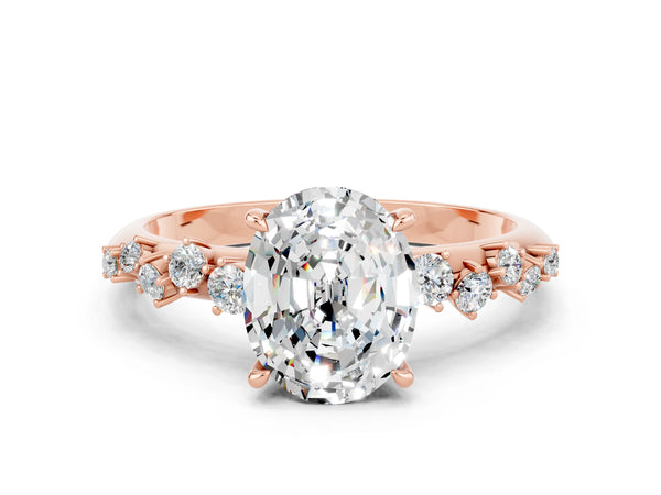 Rose gold Oval Cut Moissanite Cluster Side Stone Solitaire Ring with Prong Setting