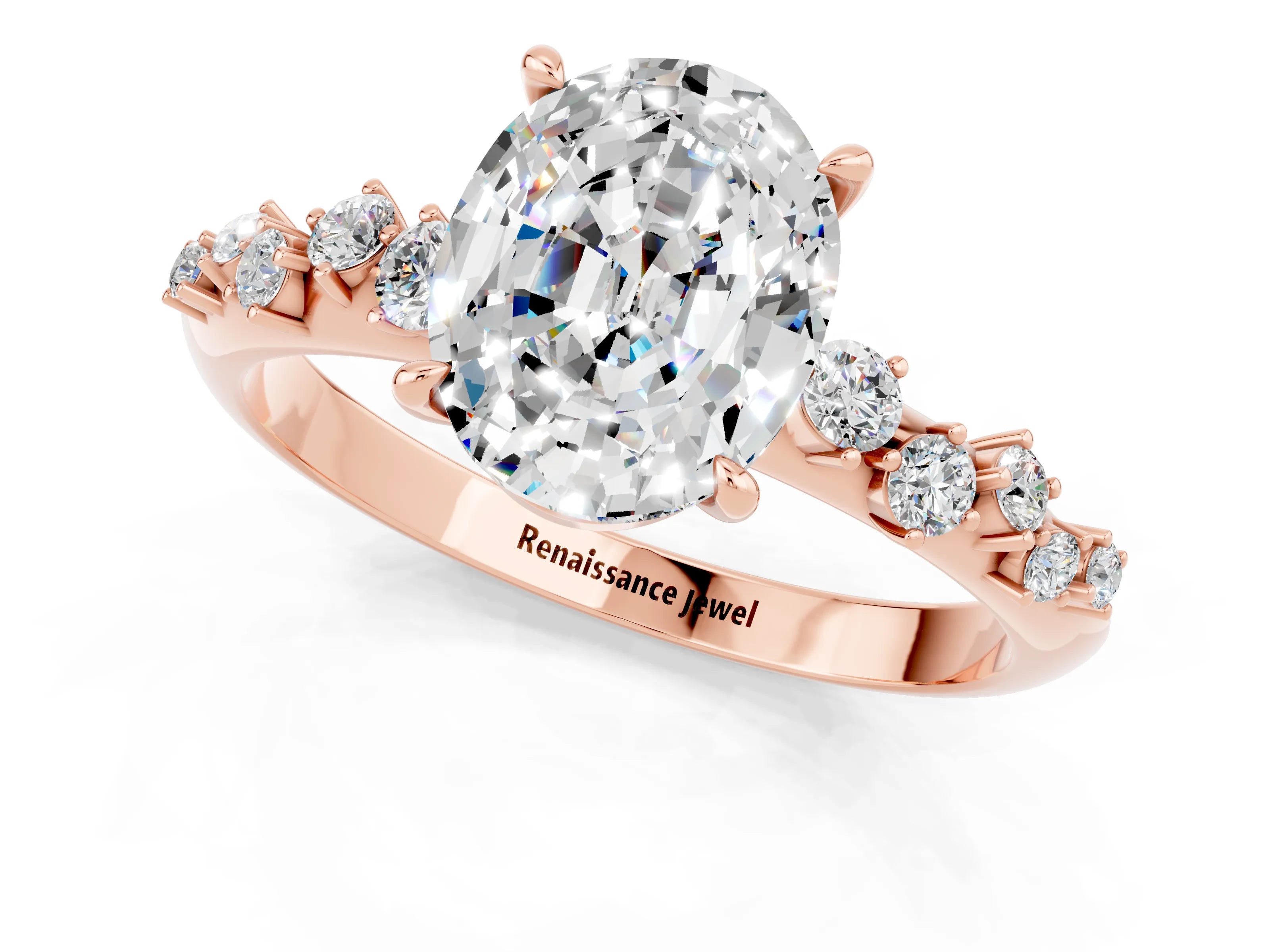 Rose gold Oval Cut Moissanite Cluster Side Stone Solitaire Ring with Prong Setting_25