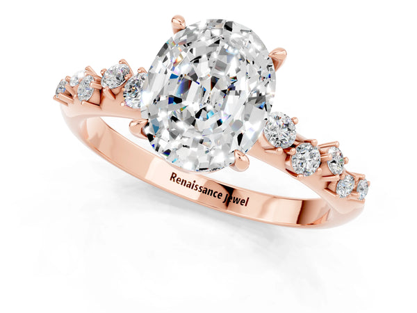 Rose gold Oval Cut Moissanite Cluster Side Stone Solitaire Ring with Prong Setting