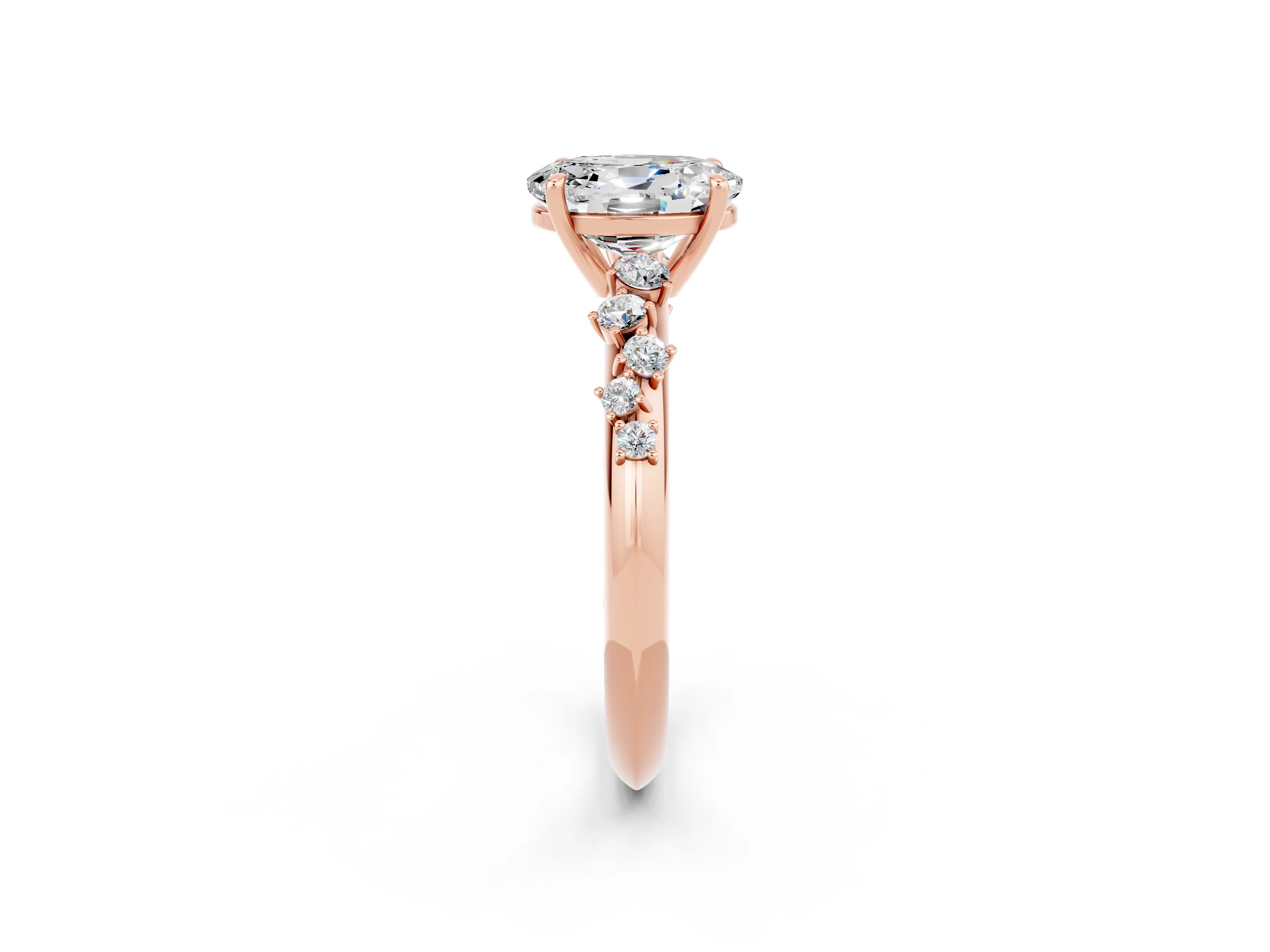 Rose gold Oval Cut Moissanite Cluster Side Stone Solitaire Ring with Prong Setting_26