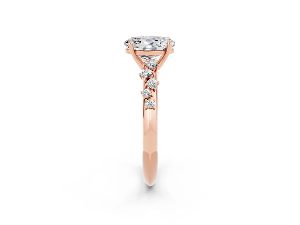 Rose gold Oval Cut Moissanite Cluster Side Stone Solitaire Ring with Prong Setting