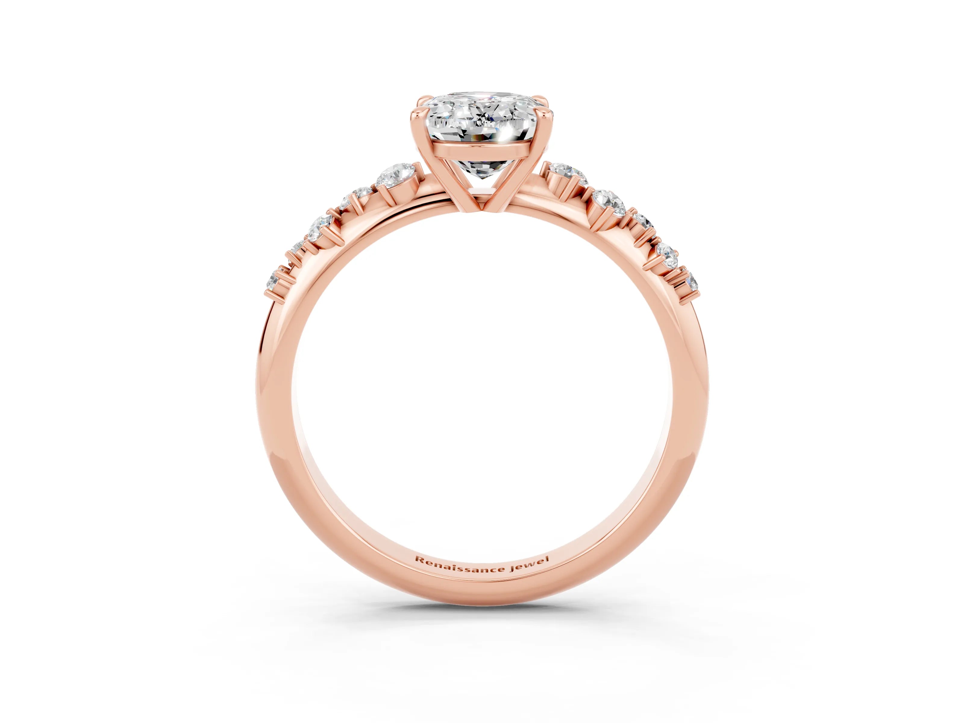 Rose gold Oval Cut Moissanite Cluster Side Stone Solitaire Ring with Prong Setting_27