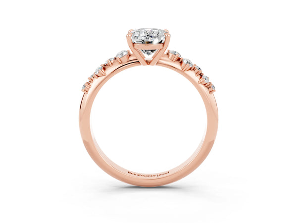Rose gold Oval Cut Moissanite Cluster Side Stone Solitaire Ring with Prong Setting