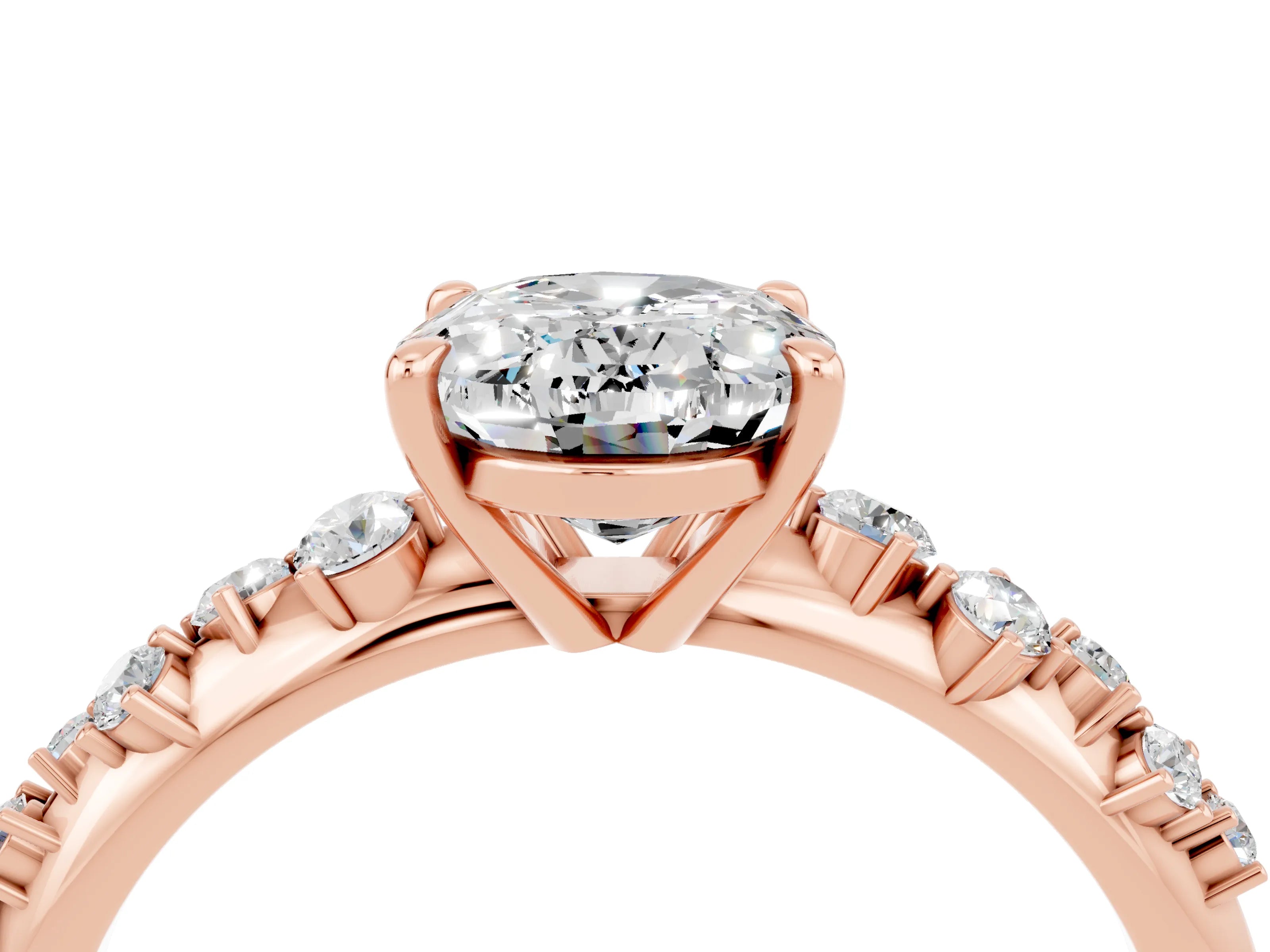 Rose gold Oval Cut Moissanite Cluster Side Stone Solitaire Ring with Prong Setting_28