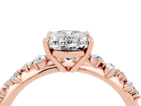 Rose gold Oval Cut Moissanite Cluster Side Stone Solitaire Ring with Prong Setting_28