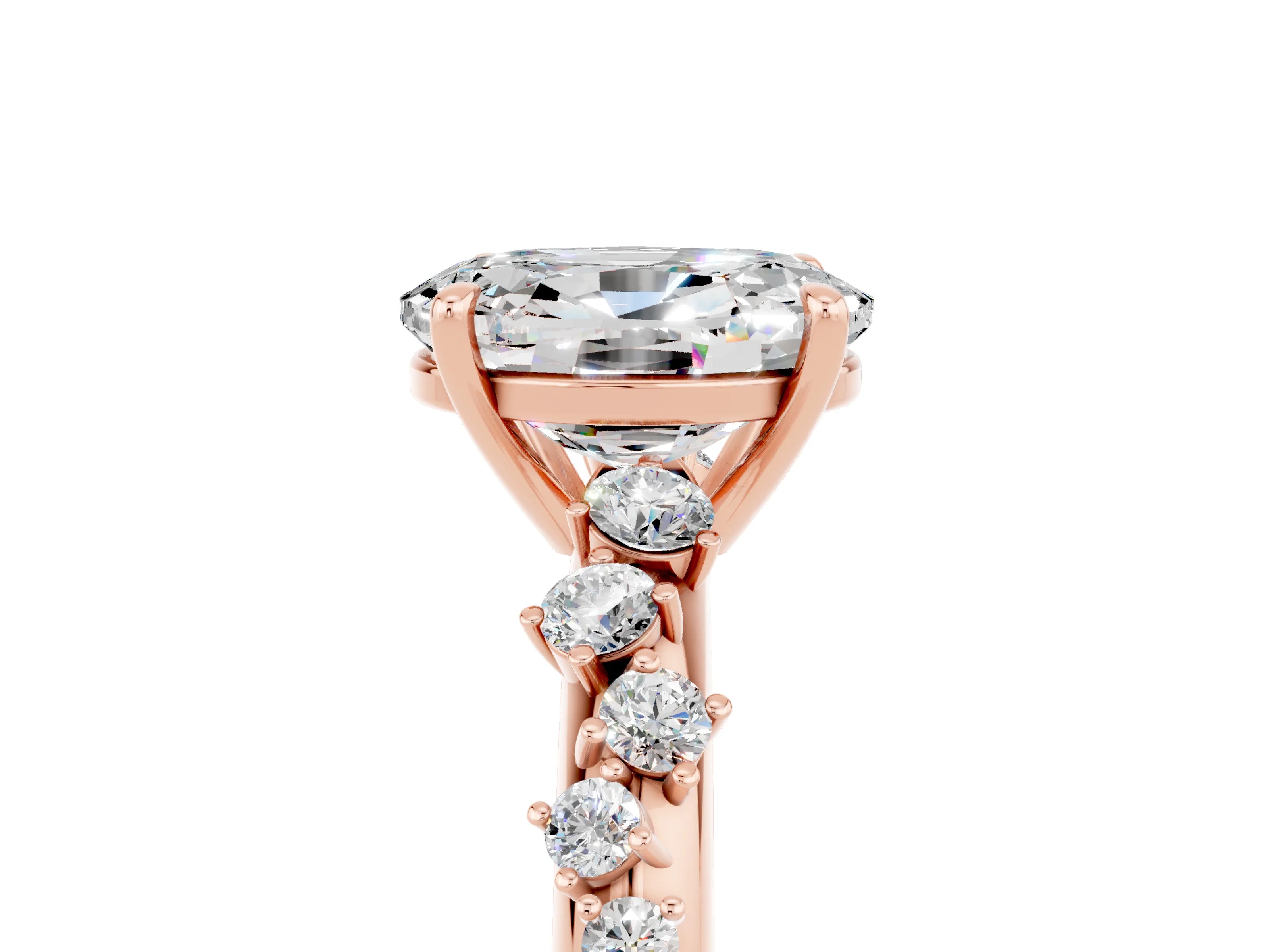 Rose gold Oval Cut Moissanite Cluster Side Stone Solitaire Ring with Prong Setting_29