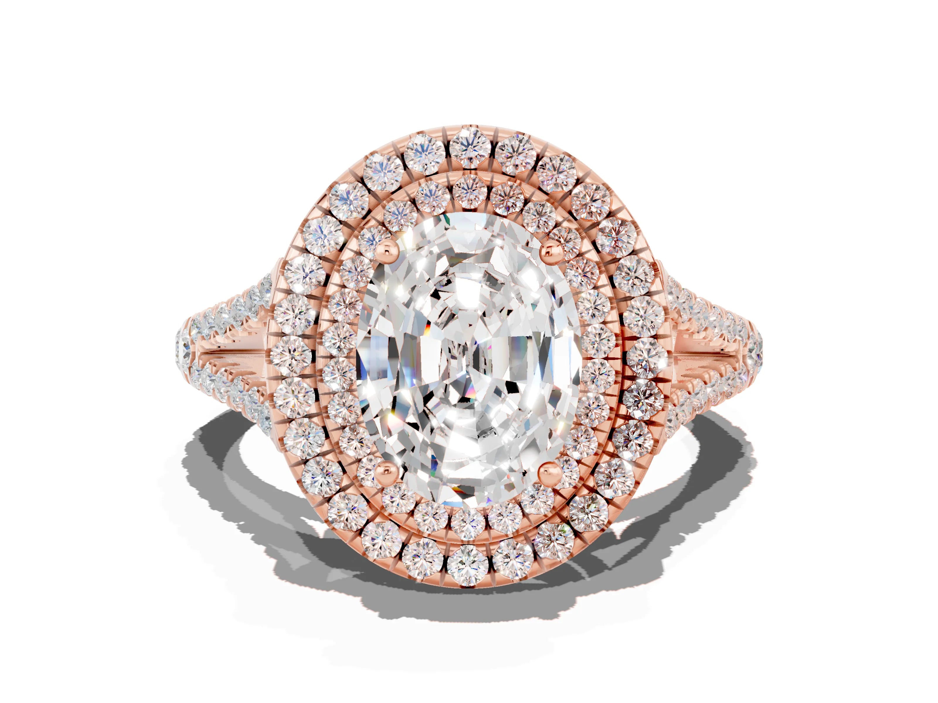Rose gold Oval Cut Moissanite Double Halo Ring with Pavé Band and Prong Setting_12
