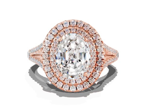 Rose gold Oval Cut Moissanite Double Halo Ring with Pavé Band and Prong Setting