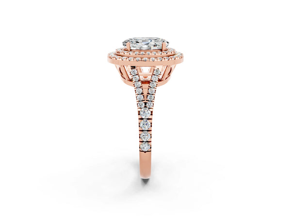 Rose gold Oval Cut Moissanite Double Halo Ring with Pavé Band and Prong Setting