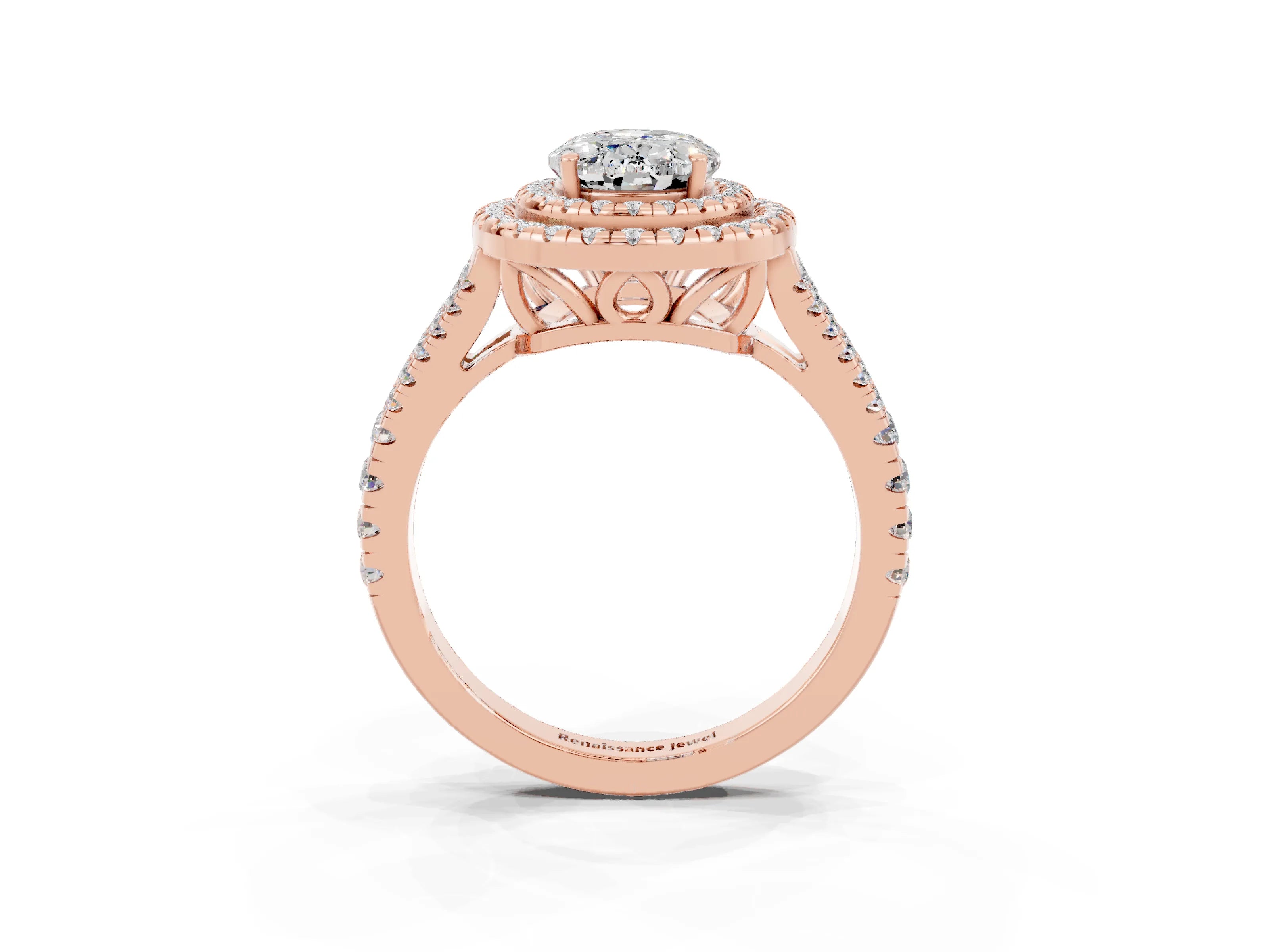 Rose gold Oval Cut Moissanite Double Halo Ring with Pavé Band and Prong Setting_15