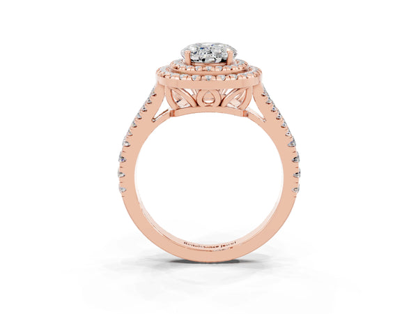 Rose gold Oval Cut Moissanite Double Halo Ring with Pavé Band and Prong Setting