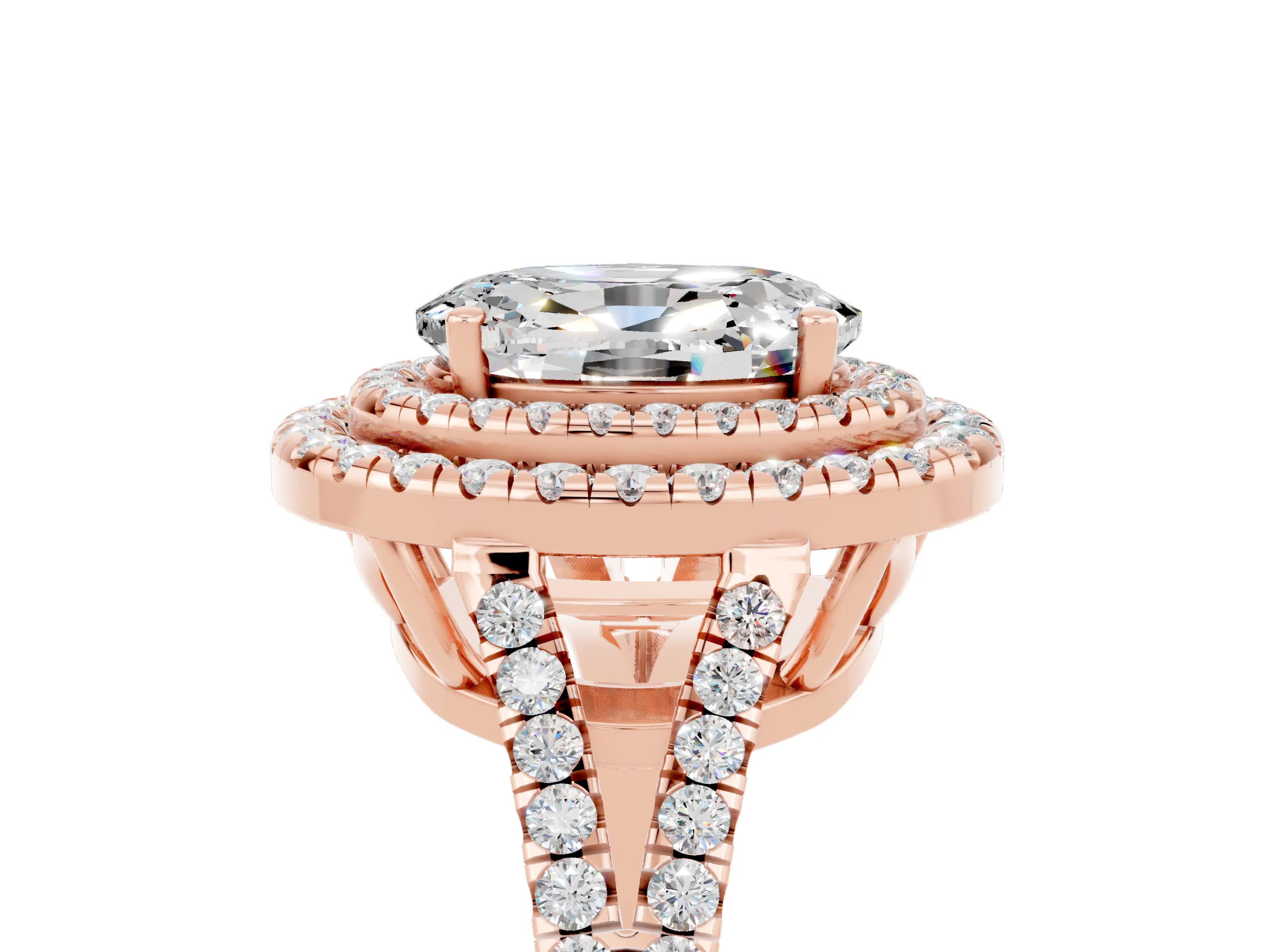 Rose gold Oval Cut Moissanite Double Halo Ring with Pavé Band and Prong Setting_17