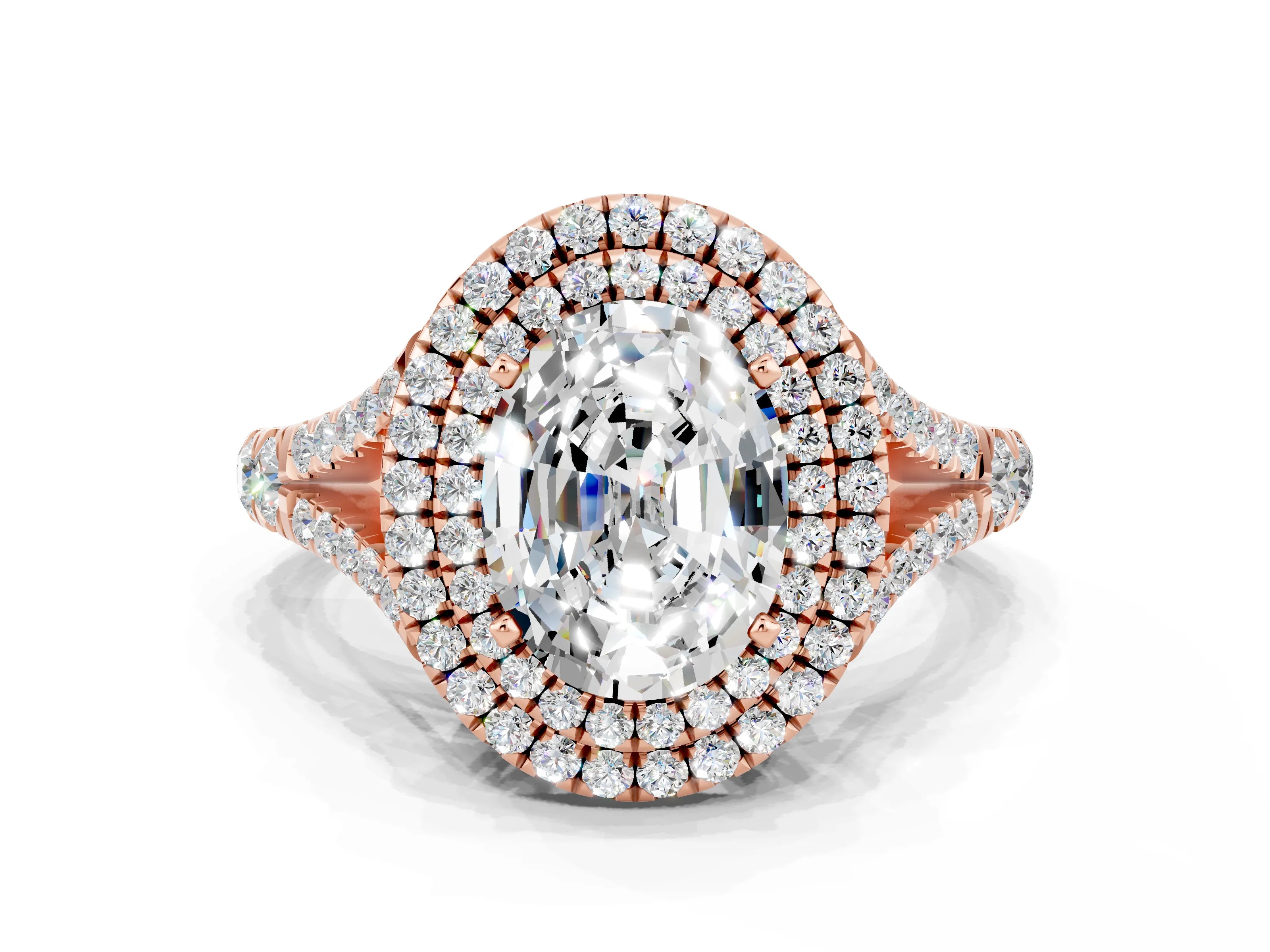 Rose gold Oval Cut Moissanite Double Halo Ring with Split Shank and Prong Setting_12