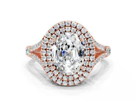 Rose gold Oval Cut Moissanite Double Halo Ring with Split Shank and Prong Setting_12