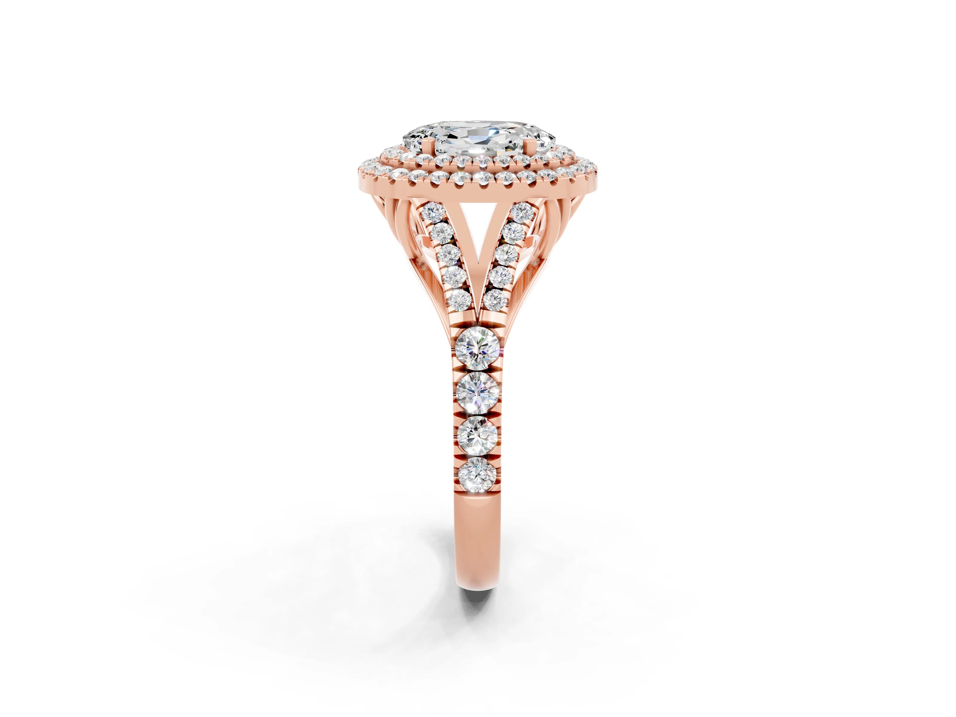 Rose gold Oval Cut Moissanite Double Halo Ring with Split Shank and Prong Setting_14