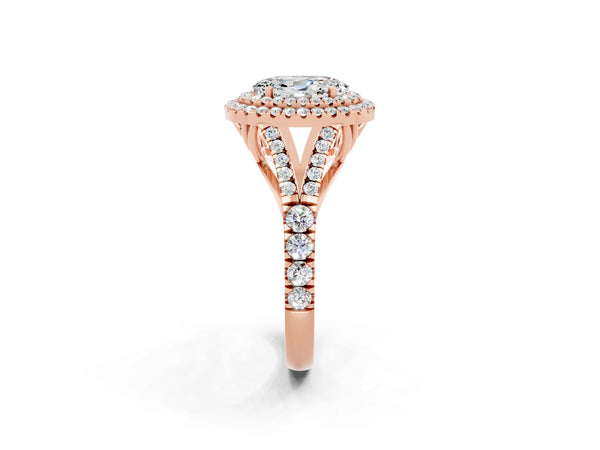 Rose gold Oval Cut Moissanite Double Halo Ring with Split Shank and Prong Setting