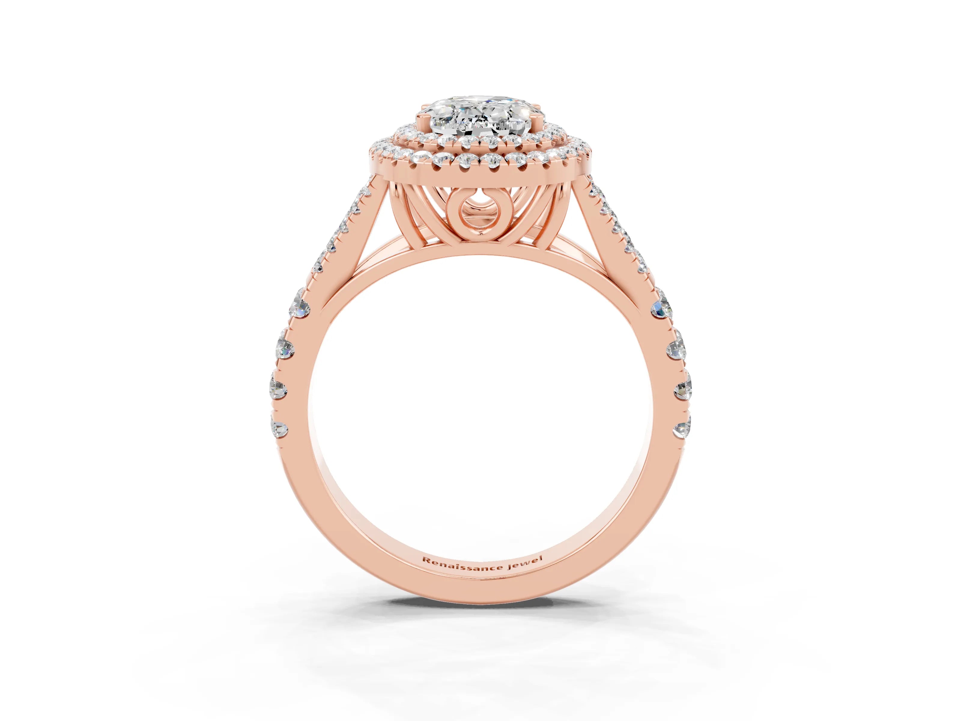 Rose gold Oval Cut Moissanite Double Halo Ring with Split Shank and Prong Setting_15