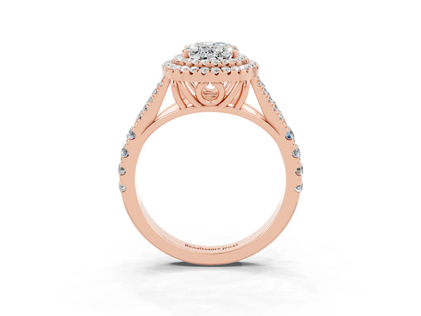 Rose gold Oval Cut Moissanite Double Halo Ring with Split Shank and Prong Setting