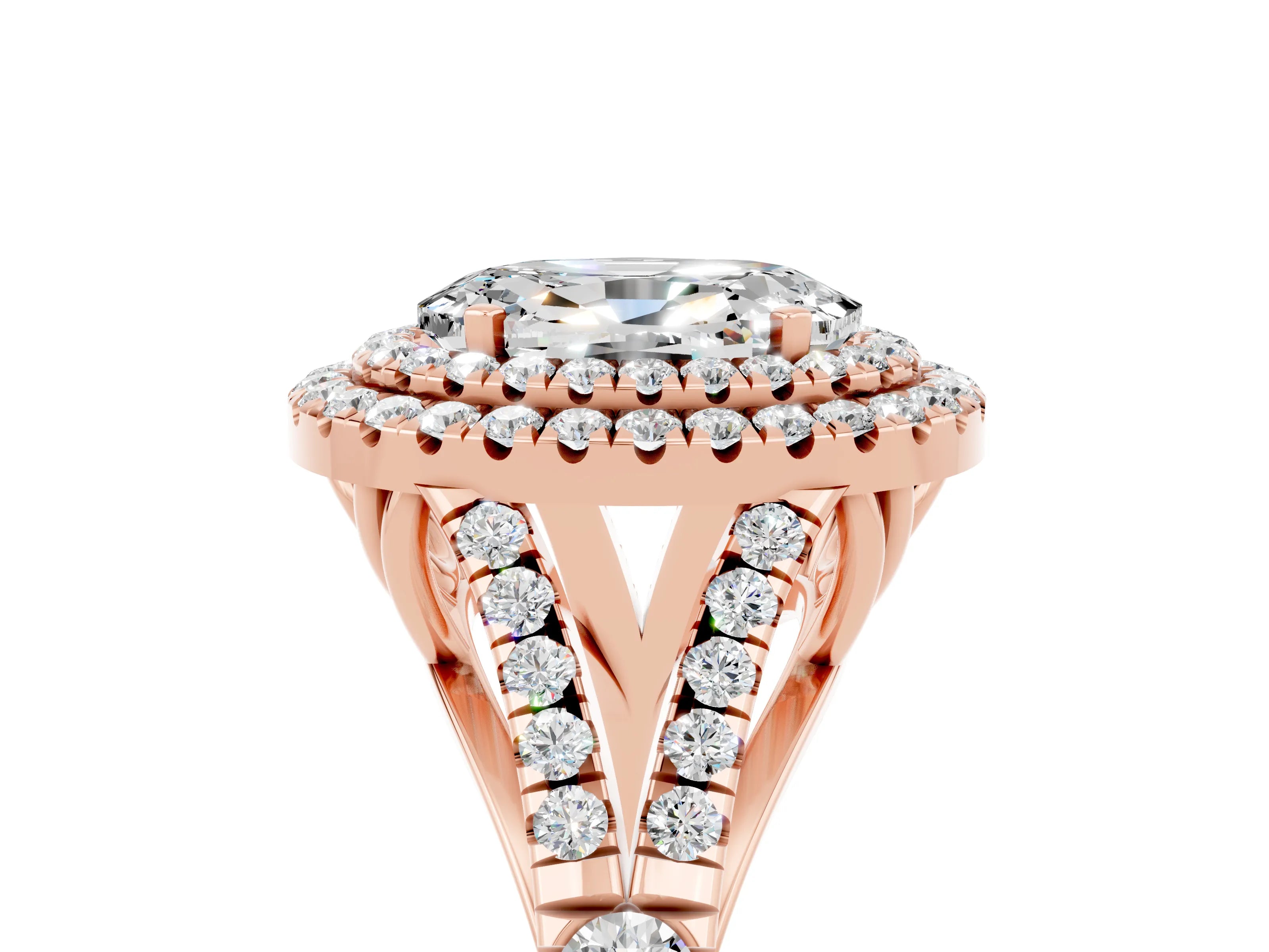 Rose gold Oval Cut Moissanite Double Halo Ring with Split Shank and Prong Setting_17