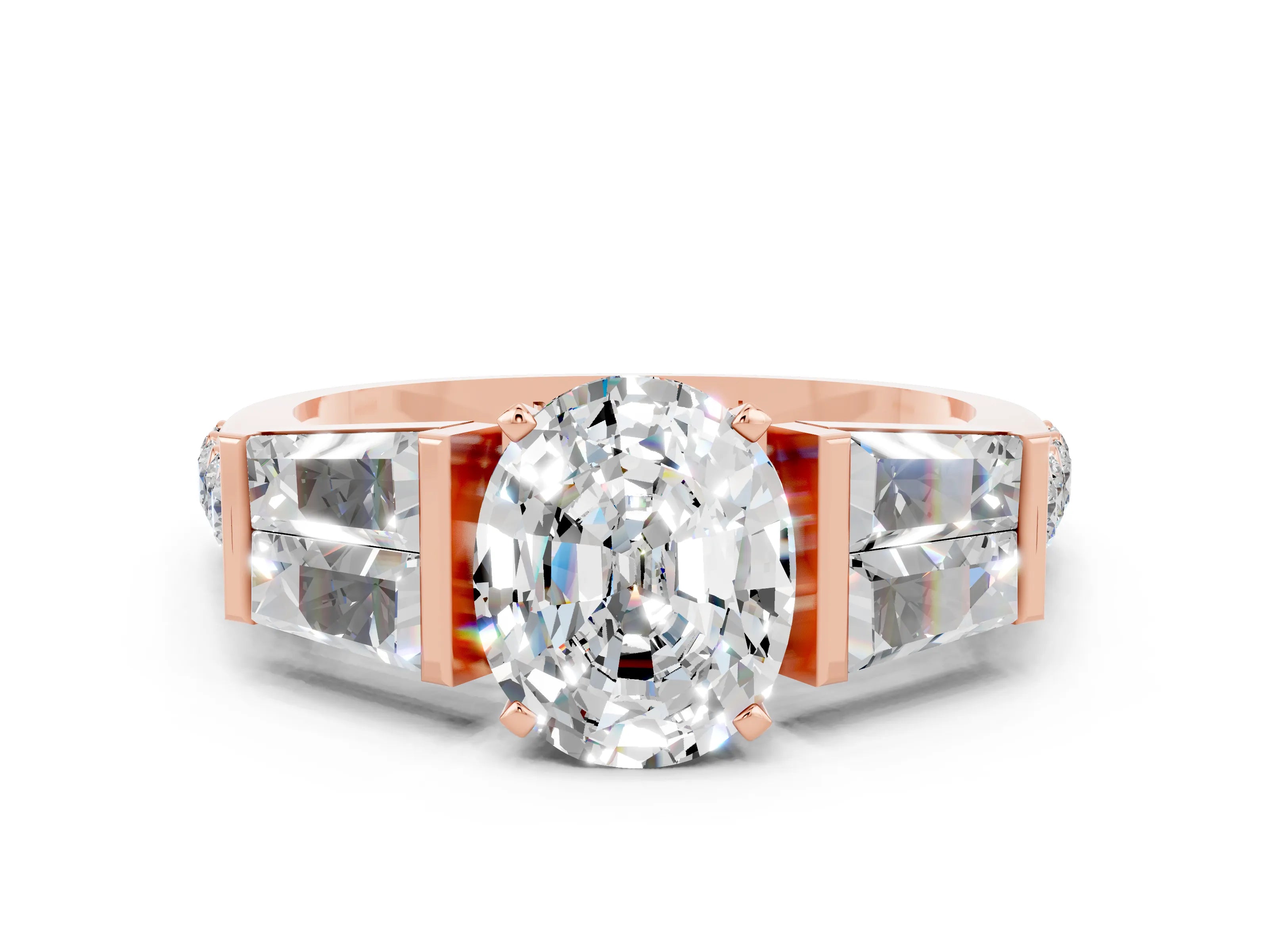 Rose gold Oval Cut Moissanite Engagement Ring with Baguette Side Stones and Channel Set Band