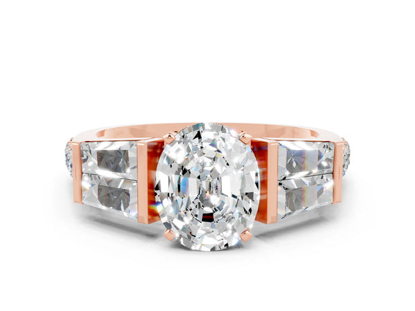 Rose gold Oval Cut Moissanite Engagement Ring with Baguette Side Stones and Channel Set Band