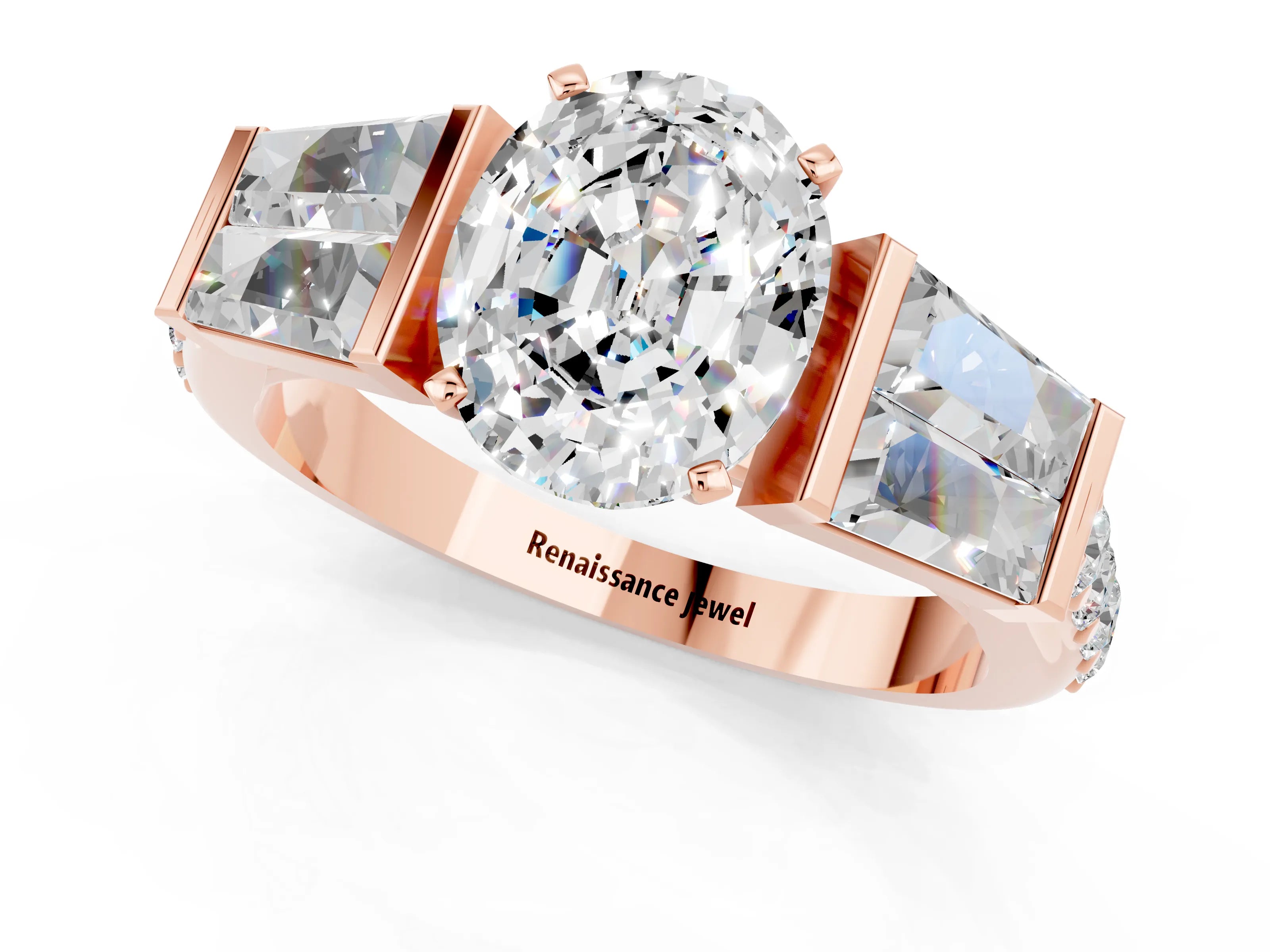 Rose gold Oval Cut Moissanite Engagement Ring with Baguette Side Stones and Channel Set Band_1