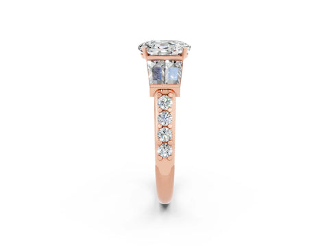 Rose gold Oval Cut Moissanite Engagement Ring with Baguette Side Stones and Channel Set Band_2