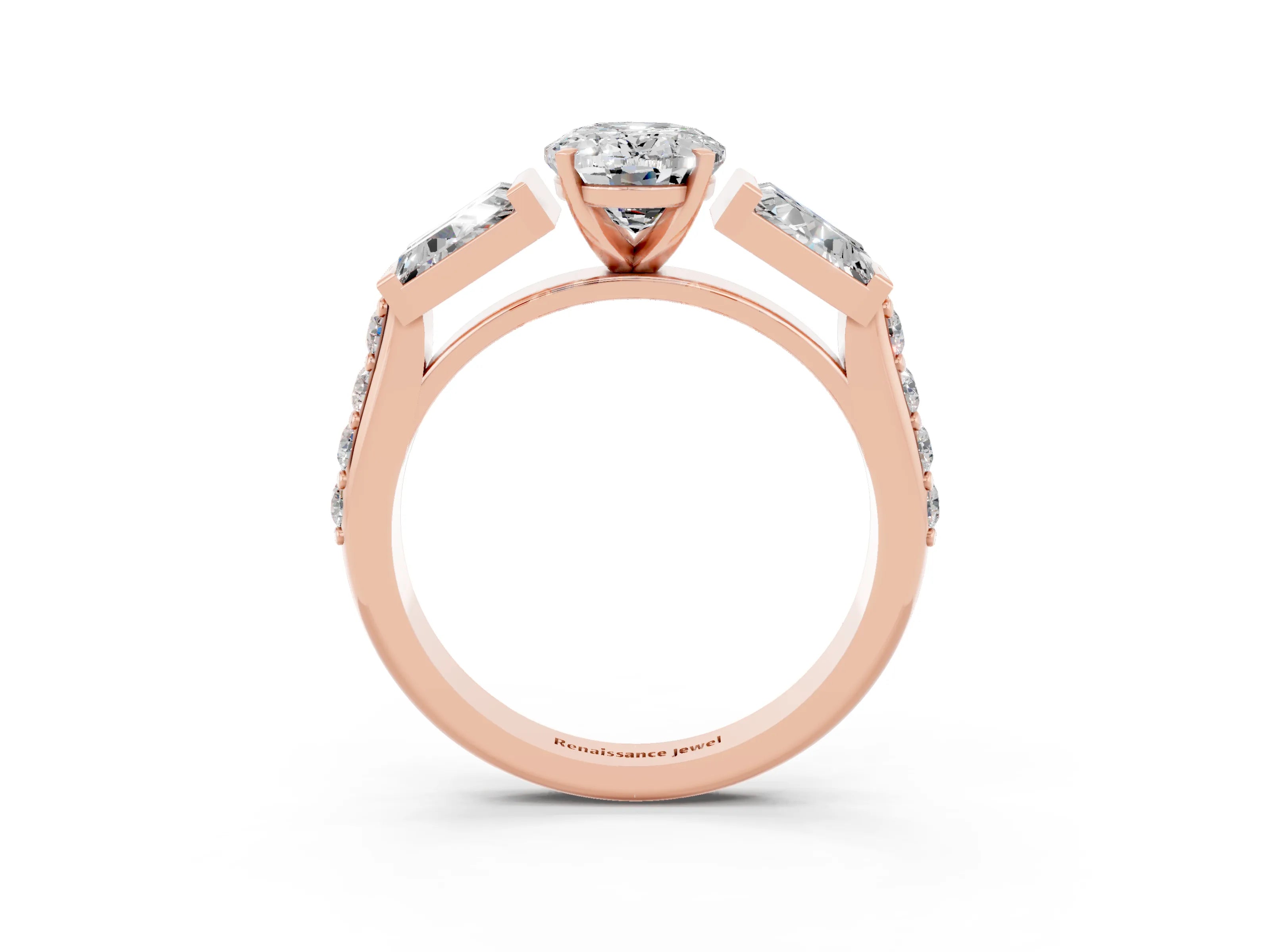 Rose gold Oval Cut Moissanite Engagement Ring with Baguette Side Stones and Channel Set Band_3
