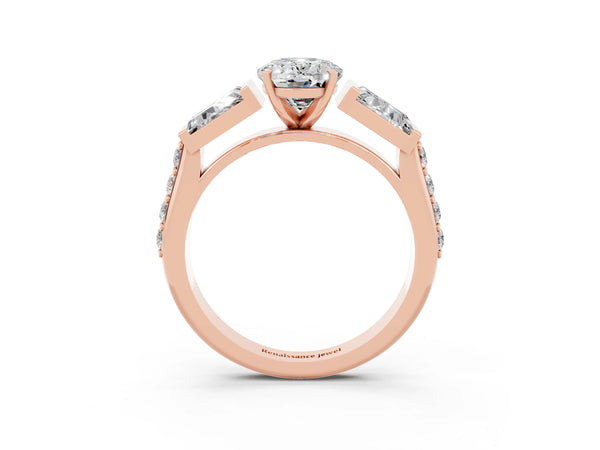 Rose gold Oval Cut Moissanite Engagement Ring with Baguette Side Stones and Channel Set Band