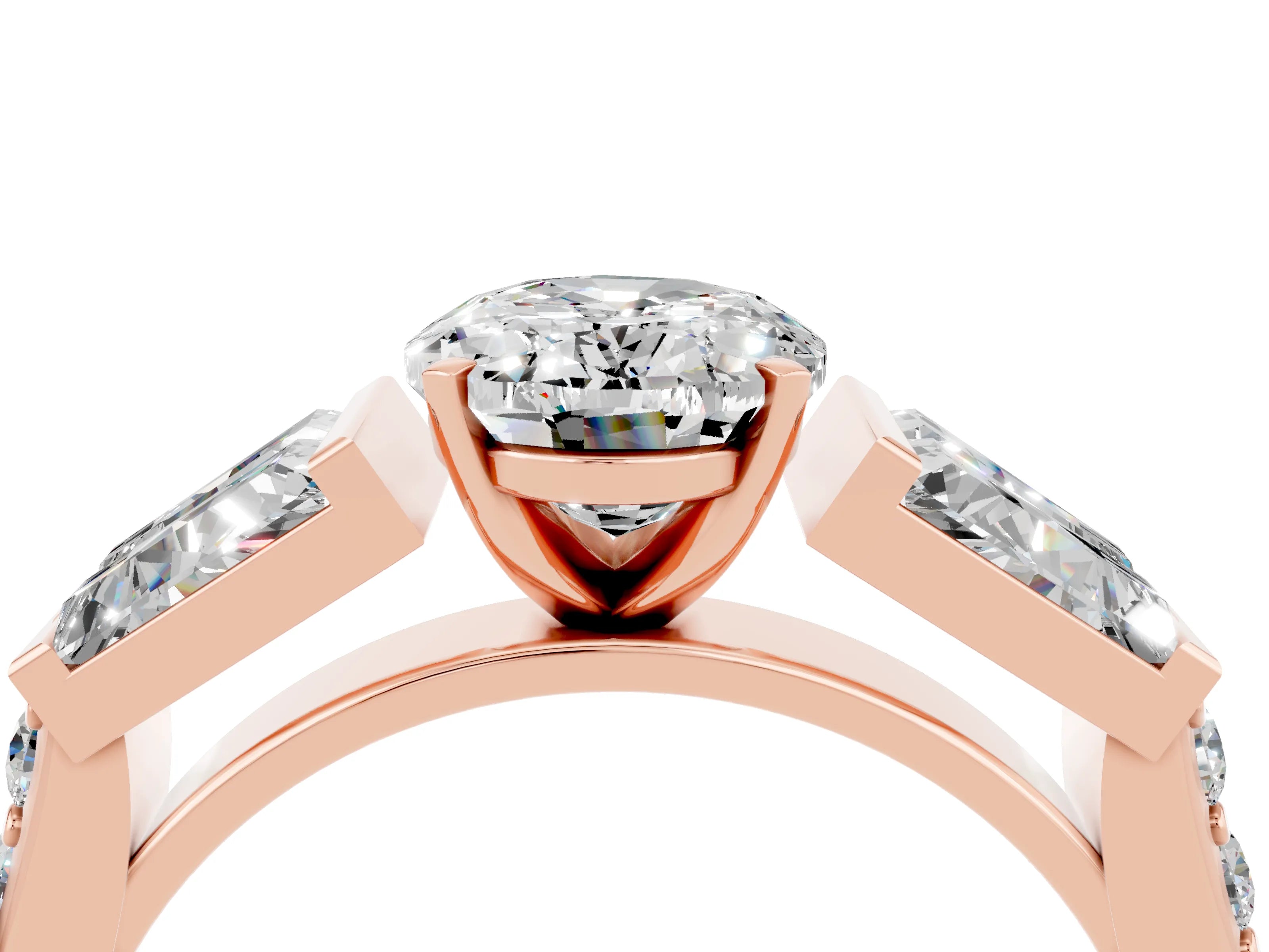Rose gold Oval Cut Moissanite Engagement Ring with Baguette Side Stones and Channel Set Band_4