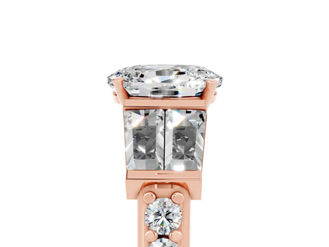 Rose gold Oval Cut Moissanite Engagement Ring with Baguette Side Stones and Channel Set Band_5