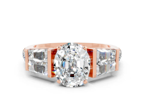 Rose gold Oval Cut Moissanite Engagement Ring with Baguette Side Stones and Channel Set Band
