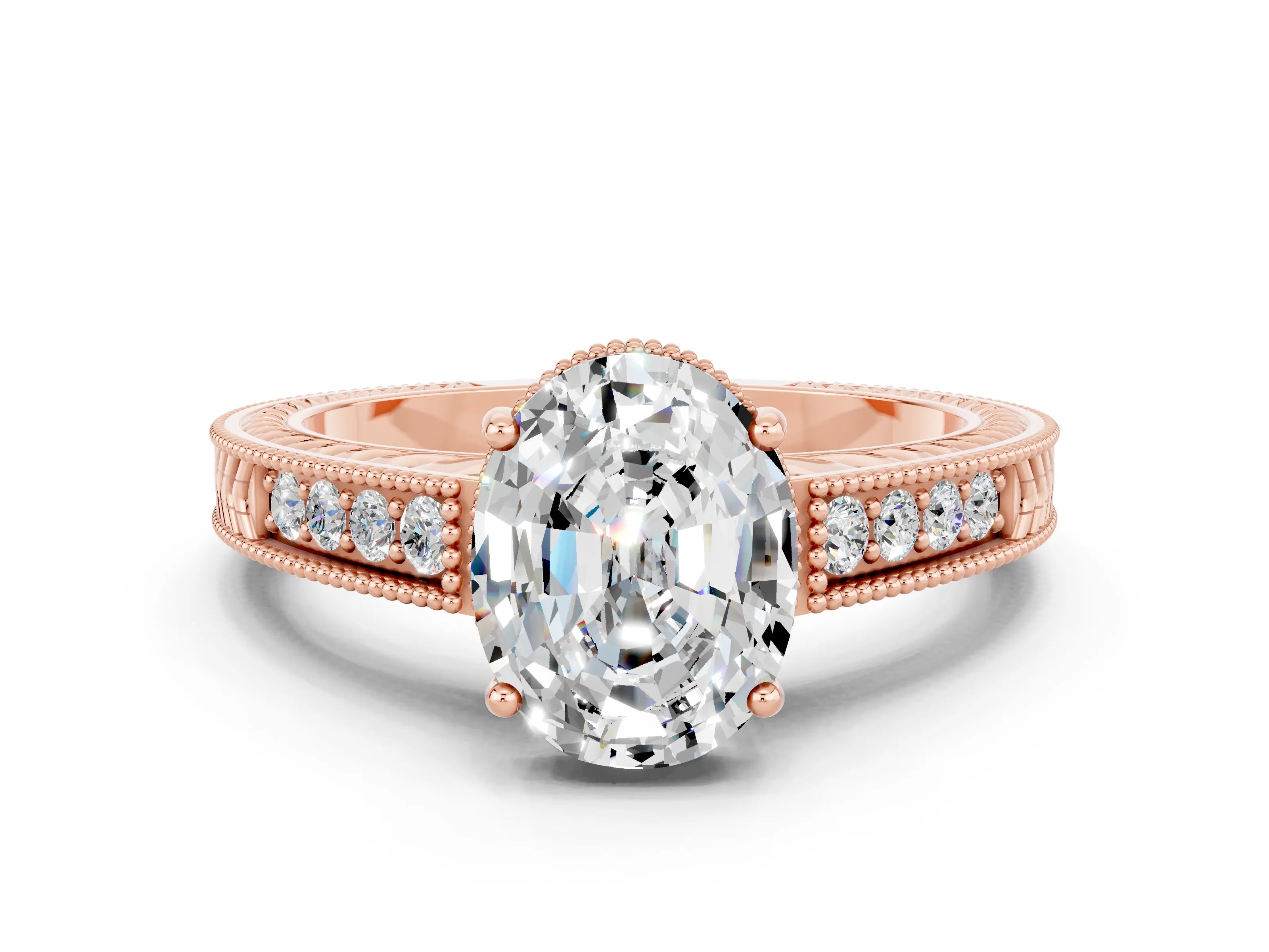 Rose gold Oval Cut Moissanite Engagement Ring with Milgrain Channel Set Band and Prong Setting