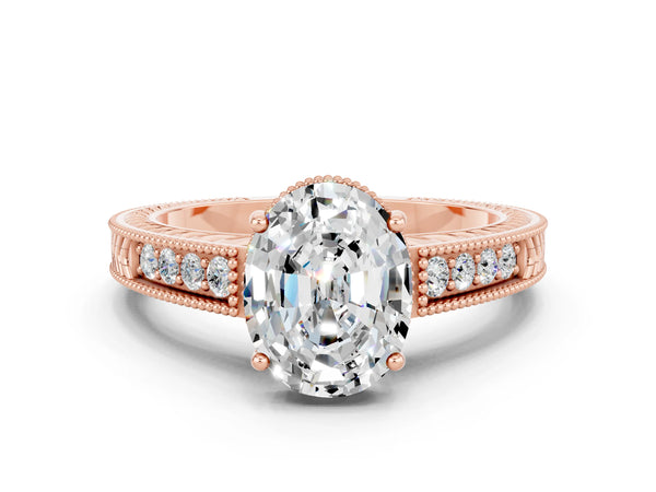 Rose gold Oval Cut Moissanite Engagement Ring with Milgrain Channel Set Band and Prong Setting