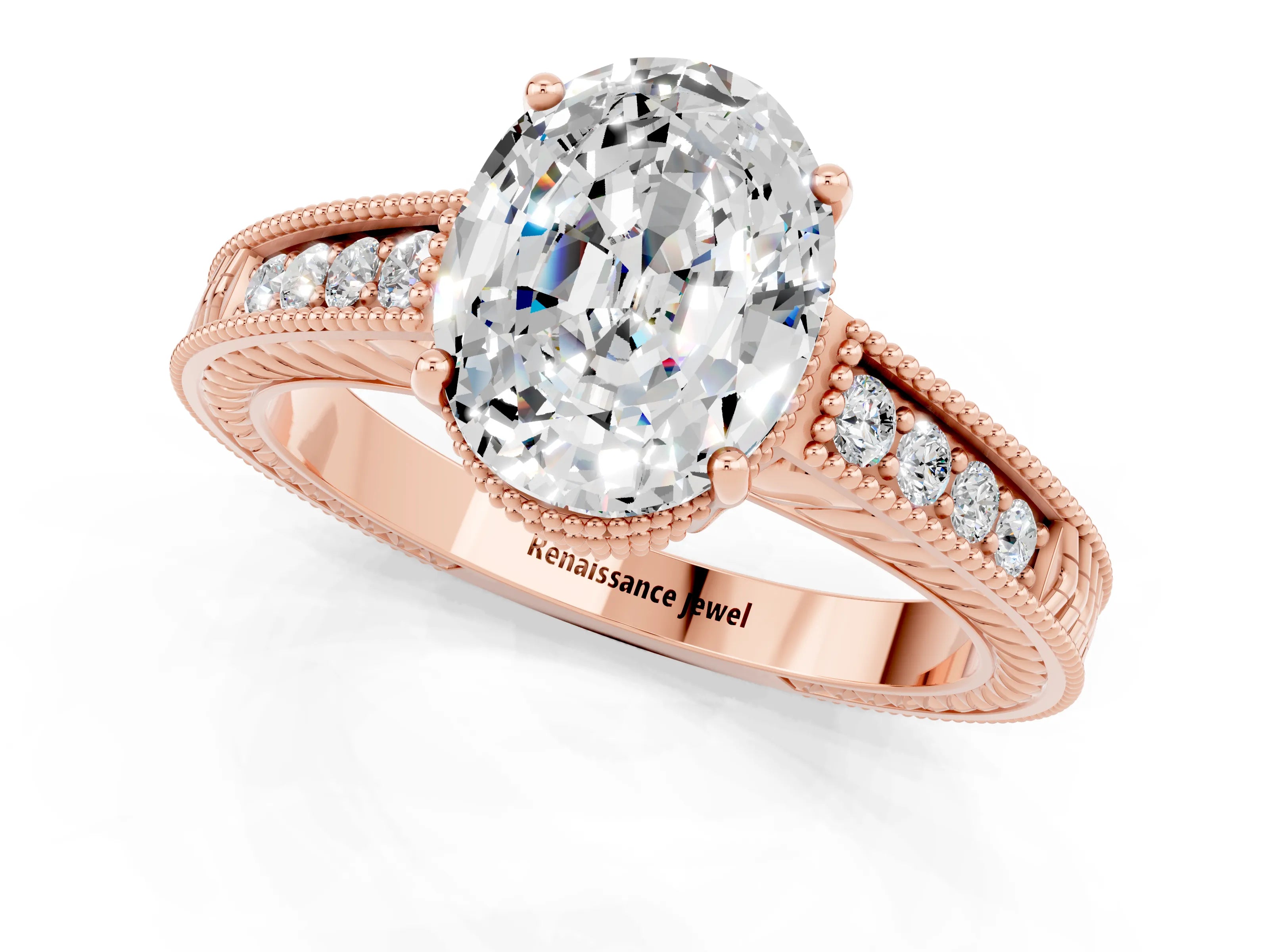 Rose gold Oval Cut Moissanite Engagement Ring with Milgrain Channel Set Band and Prong Setting_1
