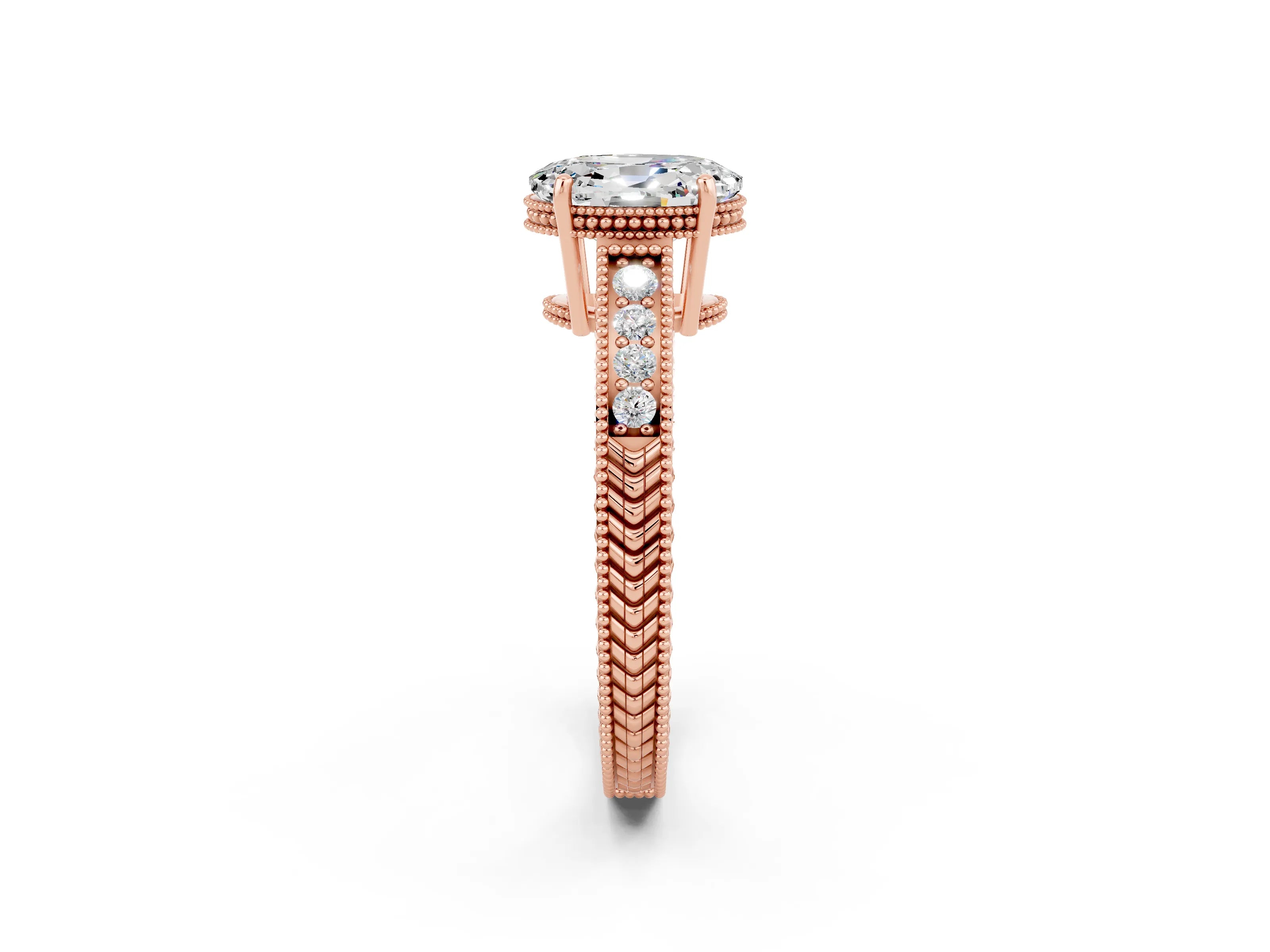 Rose gold Oval Cut Moissanite Engagement Ring with Milgrain Channel Set Band and Prong Setting_2