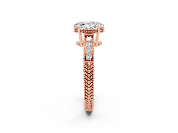 Rose gold Oval Cut Moissanite Engagement Ring with Milgrain Channel Set Band and Prong Setting