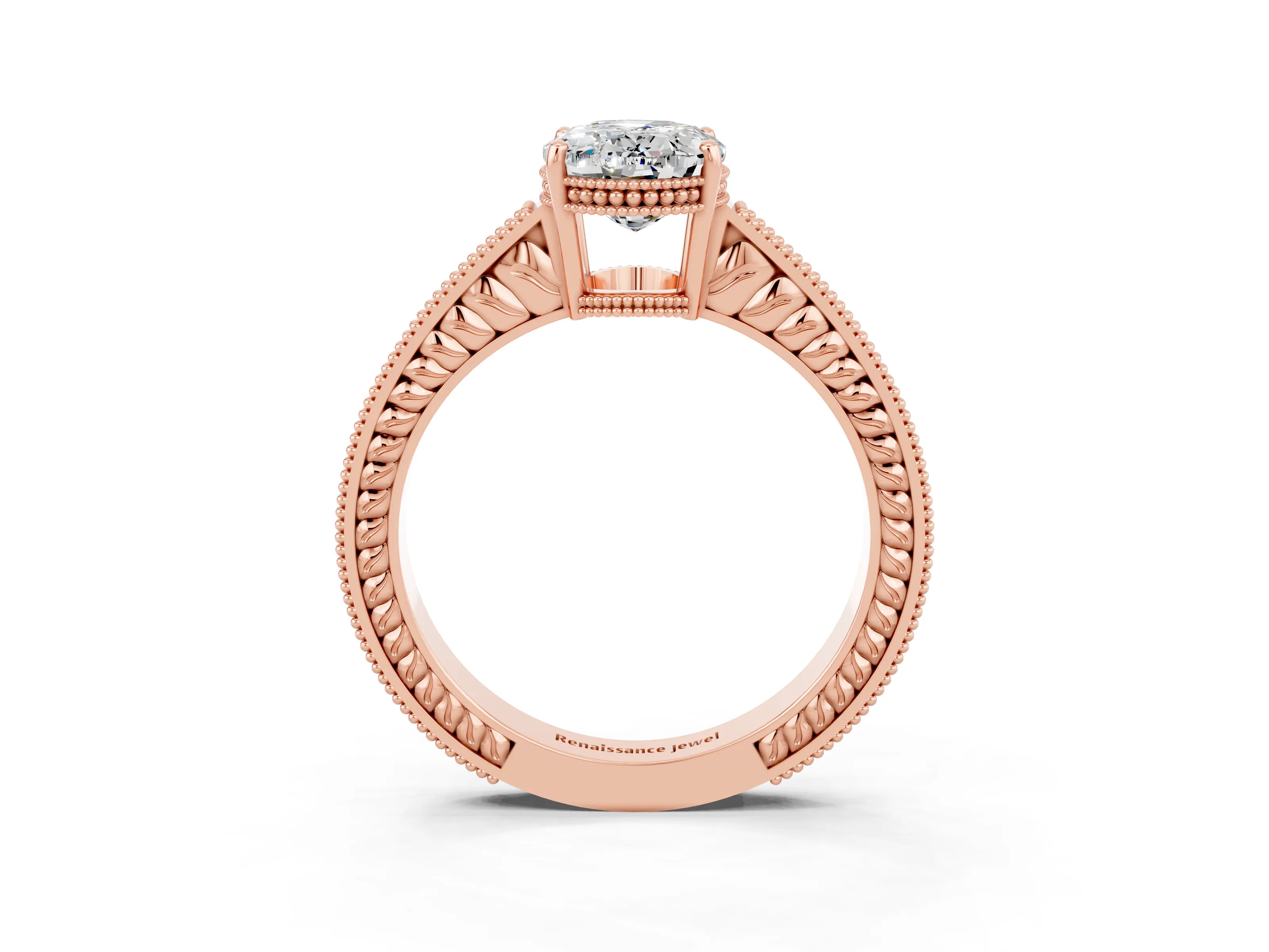Rose gold Oval Cut Moissanite Engagement Ring with Milgrain Channel Set Band and Prong Setting_3