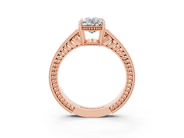 Rose gold Oval Cut Moissanite Engagement Ring with Milgrain Channel Set Band and Prong Setting