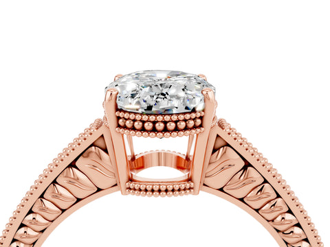 Rose gold Oval Cut Moissanite Engagement Ring with Milgrain Channel Set Band and Prong Setting_4
