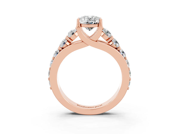 Rose gold Oval Cut Moissanite Engagement Ring with Pavé Band and Four-Prong Setting