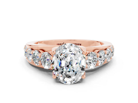 Rose gold Oval Cut Moissanite Engagement Ring with Pavé Band and Four-Prong Setting