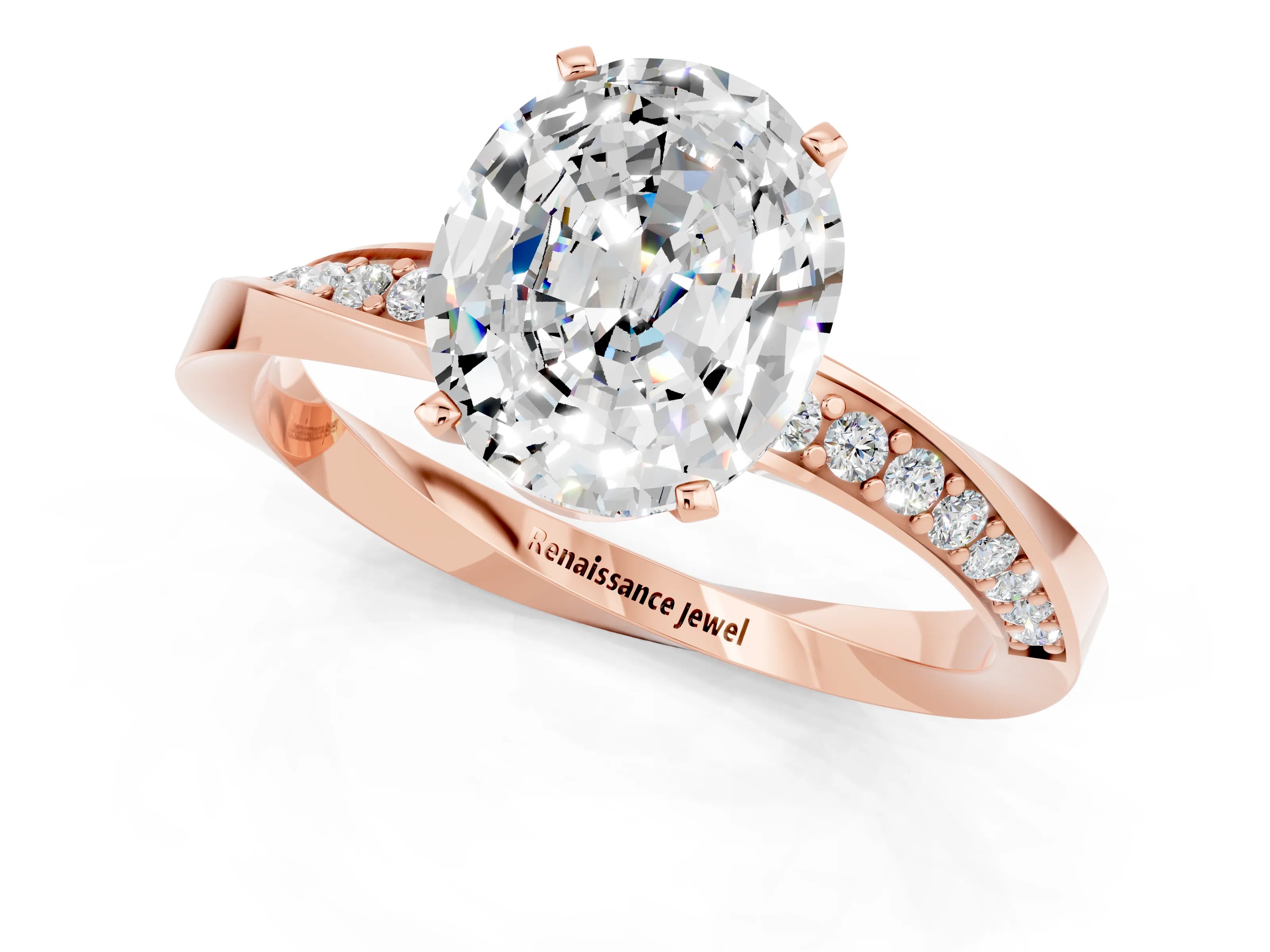 Rose gold Oval Cut Moissanite Engagement Ring with Side Stone Accents and Four-Prong Setting_28