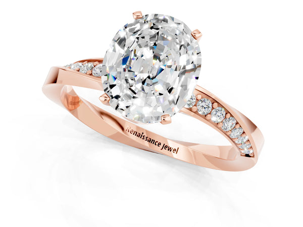 Rose gold Oval Cut Moissanite Engagement Ring with Side Stone Accents and Four-Prong Setting