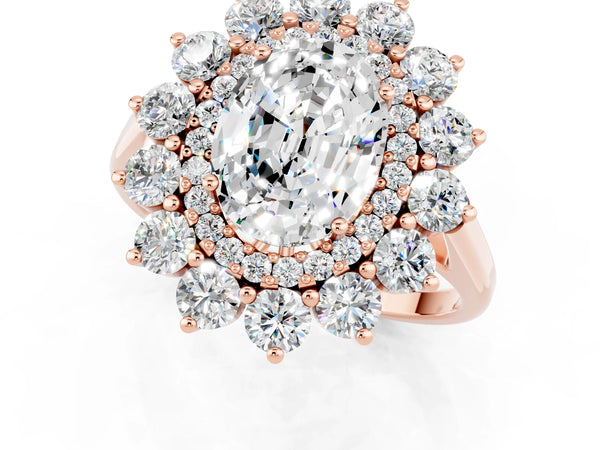 Rose gold Oval Cut Moissanite Floral Double Halo Engagement Ring with Prong Setting