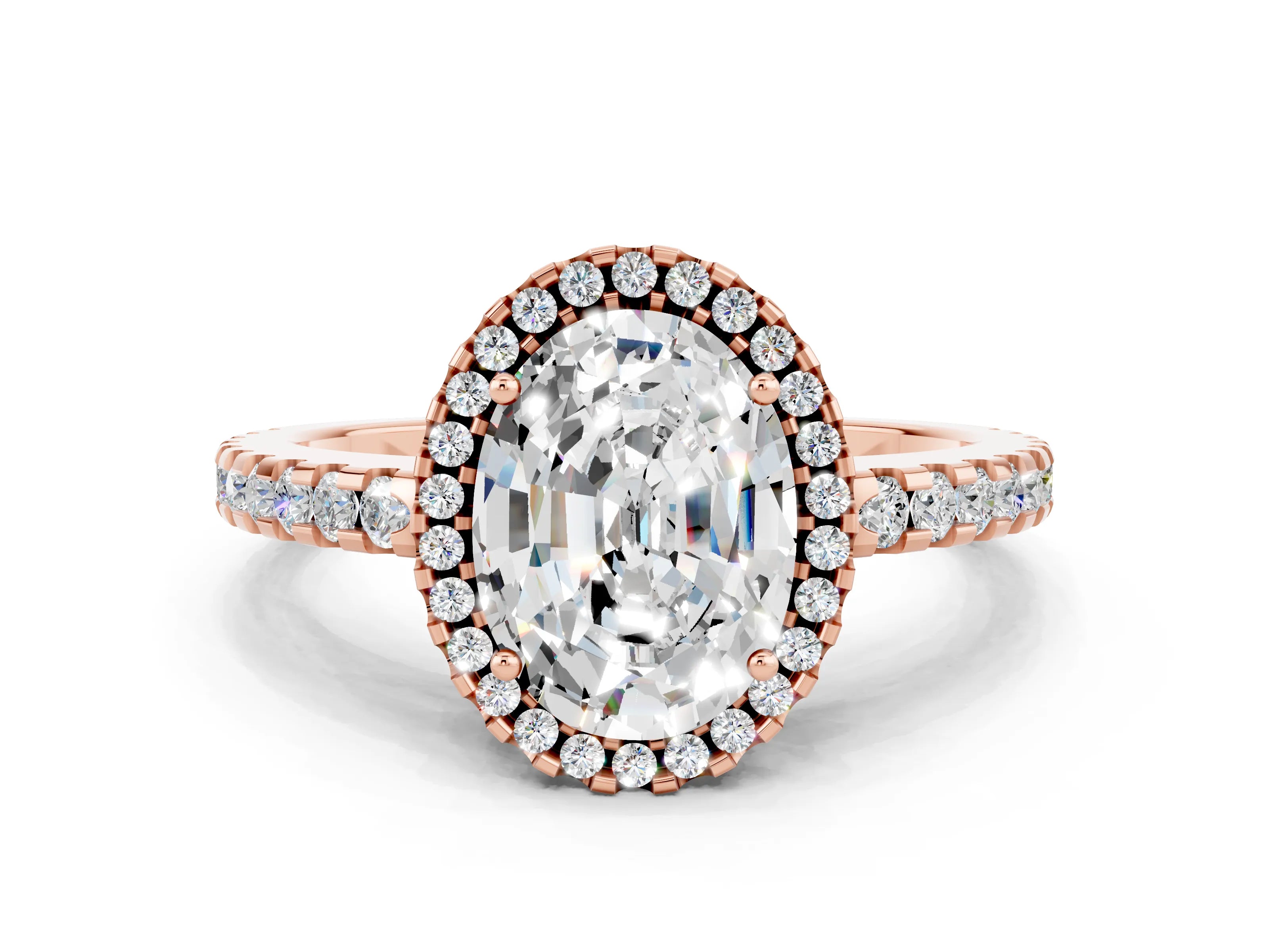 Rose gold Oval Cut Moissanite Halo Engagement Ring with Pavé Band and Prong Setting_12